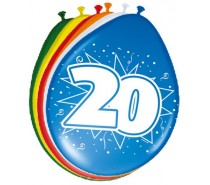 Gekleurde Leeftijdsballon: 20 Jaar 8 st.